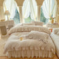 Decobites Velvet Princess Lace Ruffles Bedding Set - 4pcs Luxury Solid Color