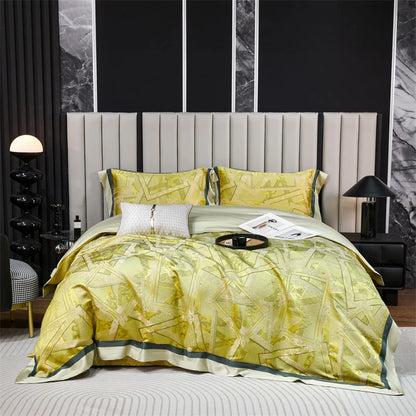 Decobites Luxury Jacquard Yellow Champagne Bedding Set with Satin Finish - 4-Piece