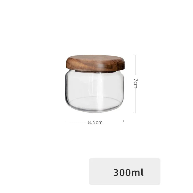 DecorBites™ Acacia Wood Lid Clear Glass Storage Jar 300ml Dry Food Snacks Candy Spice Jar