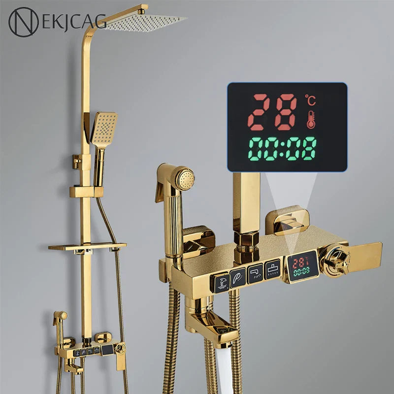 DecorBites™ Digital Display Thermostatic Shower Faucet Set with Rain Shower Column, Black