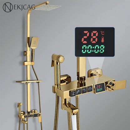 DecorBites™ Digital Display Thermostatic Shower Faucet Set with Rain Shower Column, Black