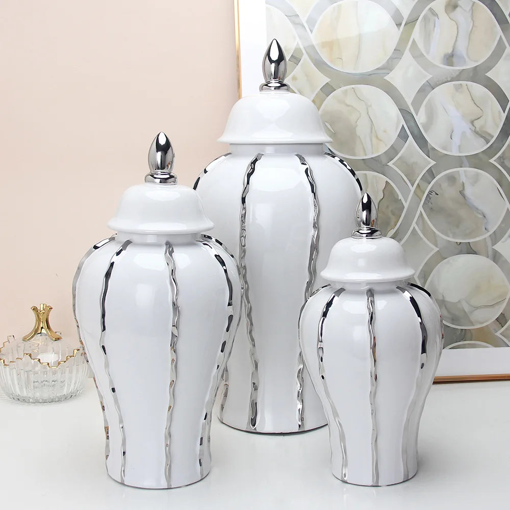 DecorBites™ Silver Striped Porcelain Ginger Pot Vase.