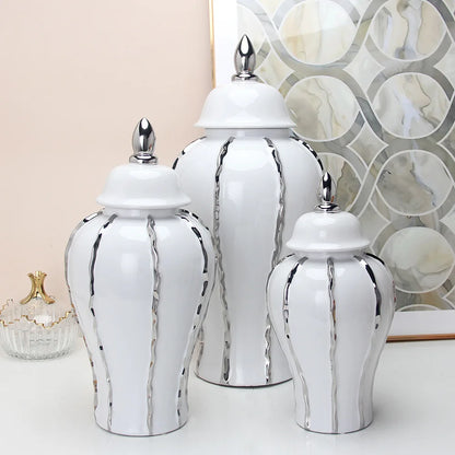 DecorBites™ Silver Striped Porcelain Ginger Pot Vase.
