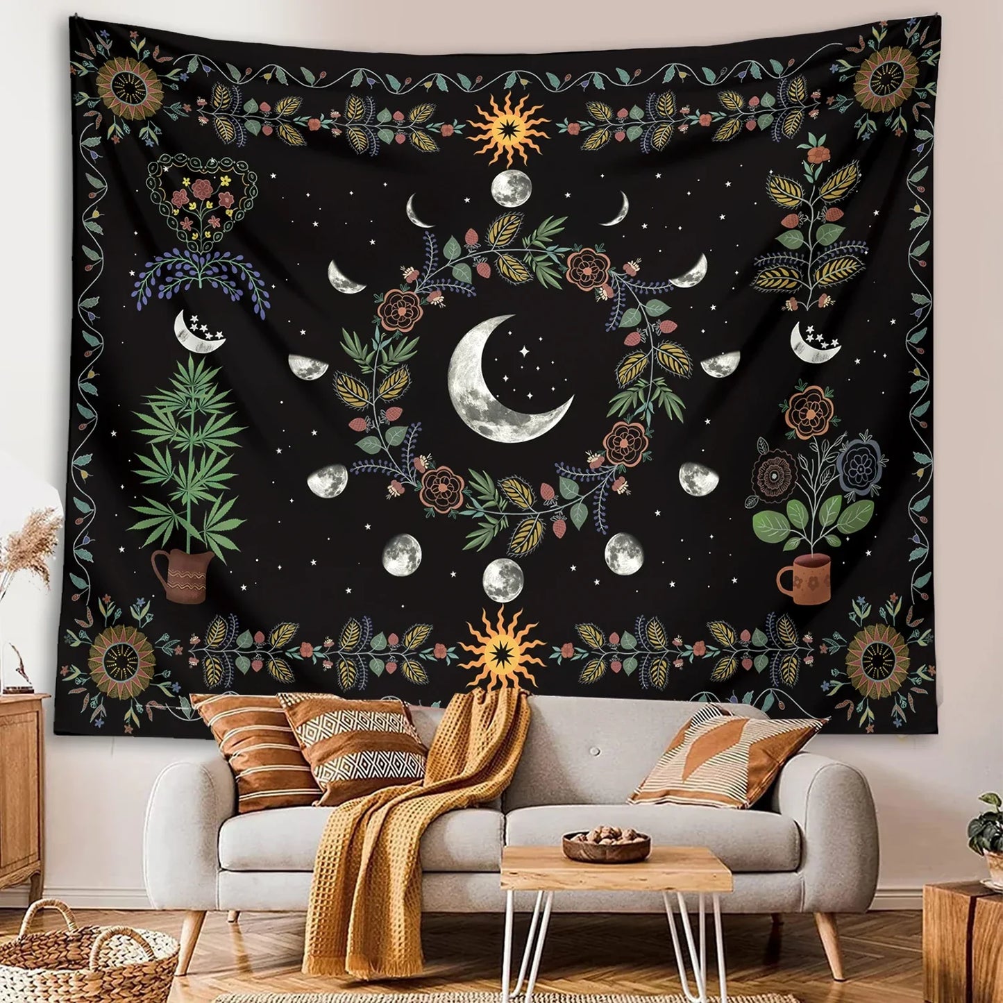 Decobites Celestial Moon Phase Floral Tapestry Wall Hanging