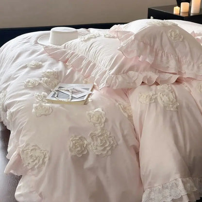 Decobites Pink Flowers Ruffles Princess Wedding Bedding Set - Soft Washed Cotton