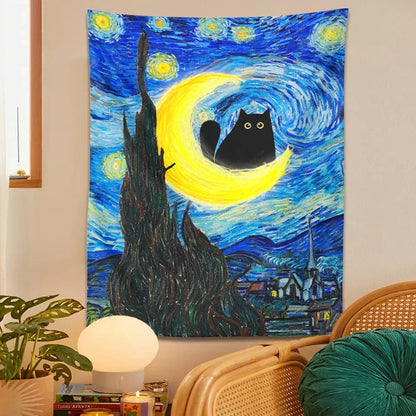 Decobites Starry Night Cat Tapestry Moon Cat Art Blanket Wall Hanging