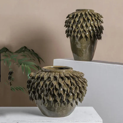 DecorBites™ Leaf Relief Ceramic Vase: Hand-made 3D Floral Arrangement Pot