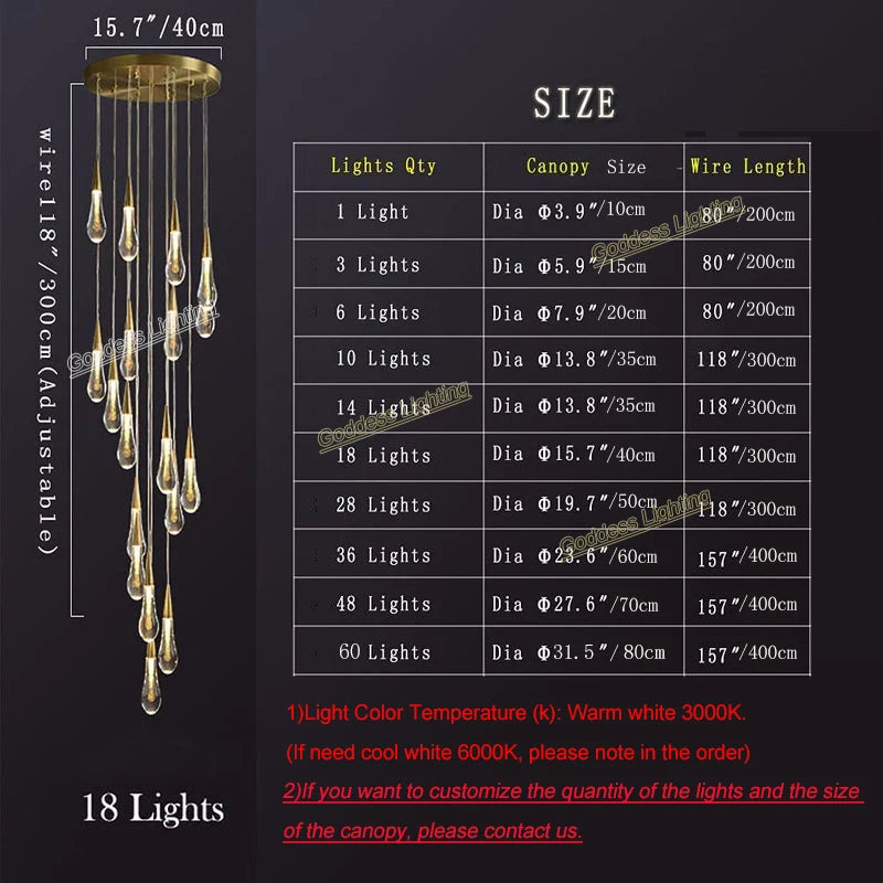 Large Raindrop Glass Stair Chandelier Long Pendant Lights Luxury Decor High Ceiling Living Kitchen Bedroom Decoration Led Lamp