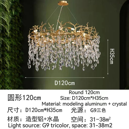 DecorBites™ Golden Crystal Tree Chandelier, Luxury Matte Aluminum Art Ceiling Light for Living Room