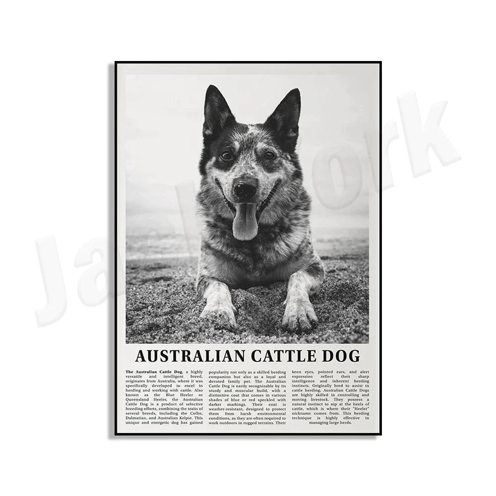 DecorBites™ Black & White Dog Breeds Poster: Greyhound, Cocker Spaniel, Akita, Malamute, Cattle Dog
