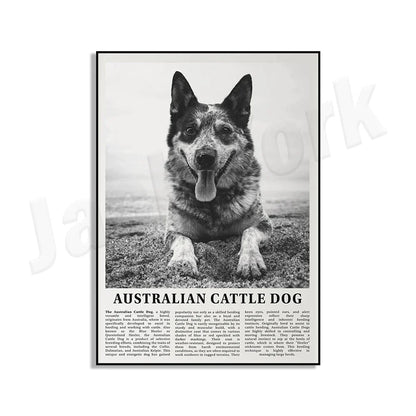 DecorBites™ Black & White Dog Breeds Poster: Greyhound, Cocker Spaniel, Akita, Malamute, Cattle Dog
