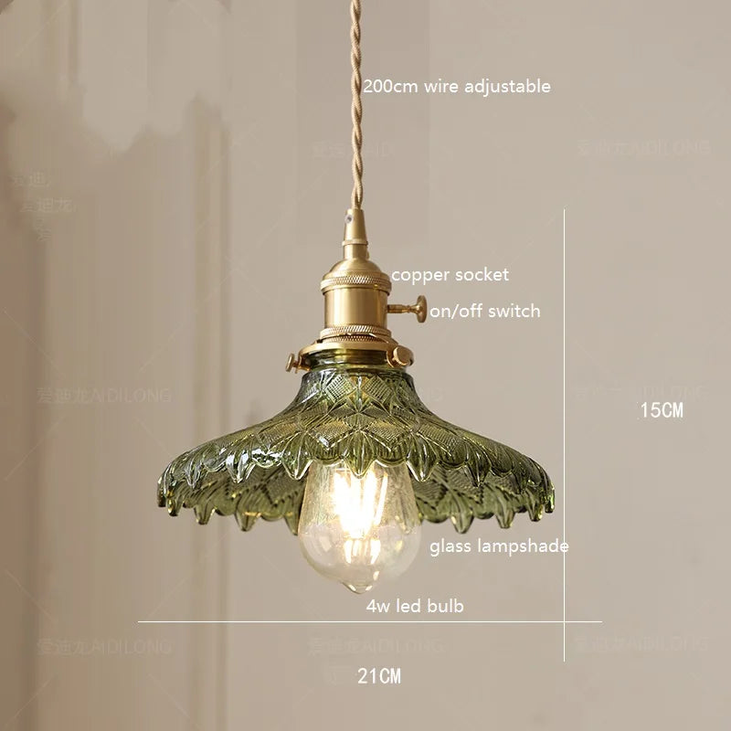 DecorBites™ Green Glass LED Pendant Lamp with Copper Wood Handle for Modern Nordic Home Decor