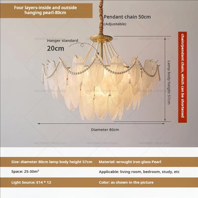 Lámpara de araña DecorBites™ Cream Wind Feather Pearl Crystal para sala de estar y dormitorio de lujo