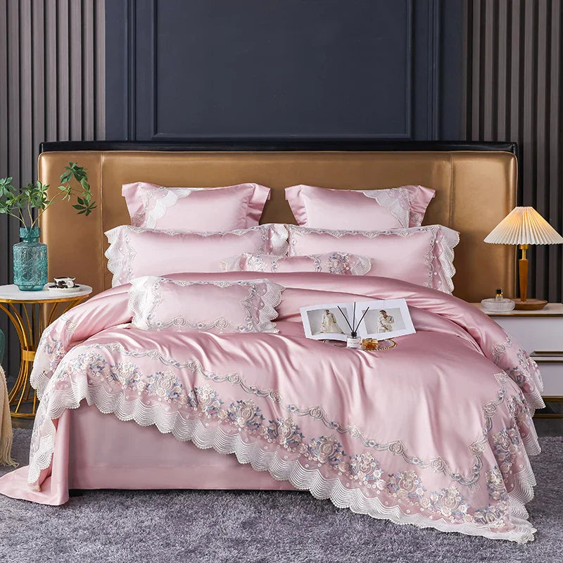 Conjunto de Ropa de Cama de Boda Francesa de Lujo de Encaje de Seda y Algodón Decorbites™ para Dormitorios de Princesa Chic