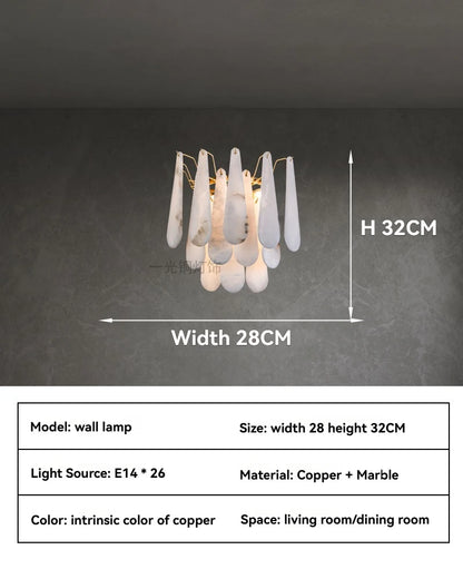 Lámpara Colgante de Mármol Francés Moderno en Cobre E14 LED Forma de Gota de Agua Candelabro para Sala de Estar Comedor Dormitorio Decoración del Hogar Luces