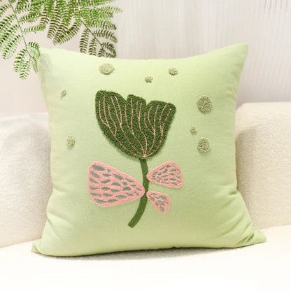DecorBites™ Green Embroidered Cotton Cushion Cover, Rustic Throw Pillowcase for Living Room Sofa