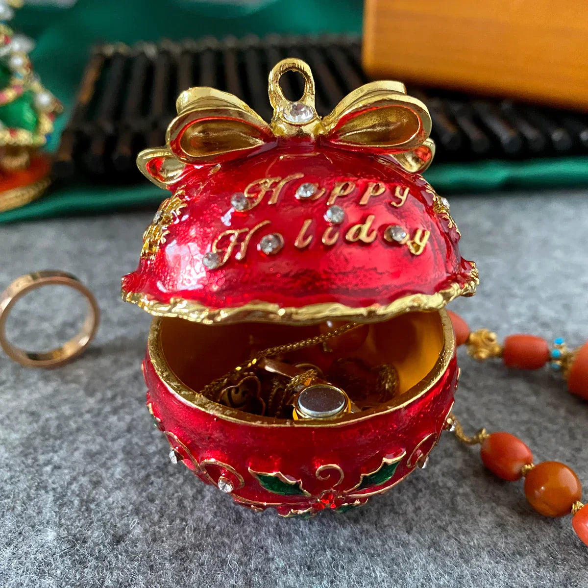 DecorBites™ Jingle Bell Trinket Box With Crystals, Hand-painted, Christmas Tree Decor