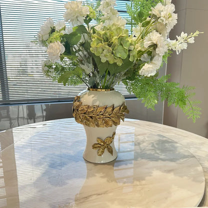 DecorBites™ Golden Leaves Ceramic Flower Vase with Hand-embossed Flowers for Flower Arrangement