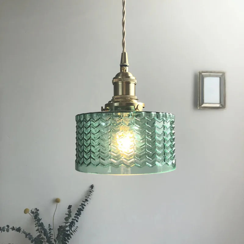 Green Glass Pendant Light Polished Copper 3-Head
