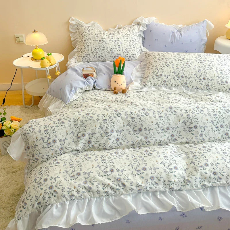 Decobites Korean Princess Floral Ruffles Bedding Set: Single/Queen Duvet, Cover, & Pillowcases