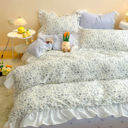 Decobites Korean Princess Floral Ruffles Bedding Set: Single/Queen Duvet, Cover, & Pillowcases