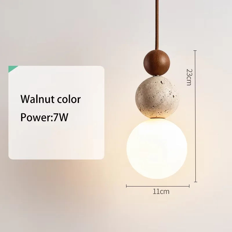Wabi Sabi Cream Stone Pendant Light With Wooden Accent