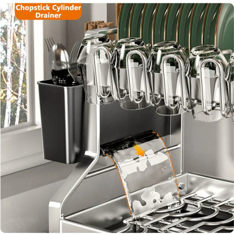 DecorBites™ 2 Tier Dish Drying Rack Utensils Storage Organizer with Drainboard