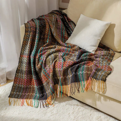 DecorBites™ Ethnic Wave Woven Tassel Blanket: Multi-functional for Bed, Sofa, Table, Office Nap
