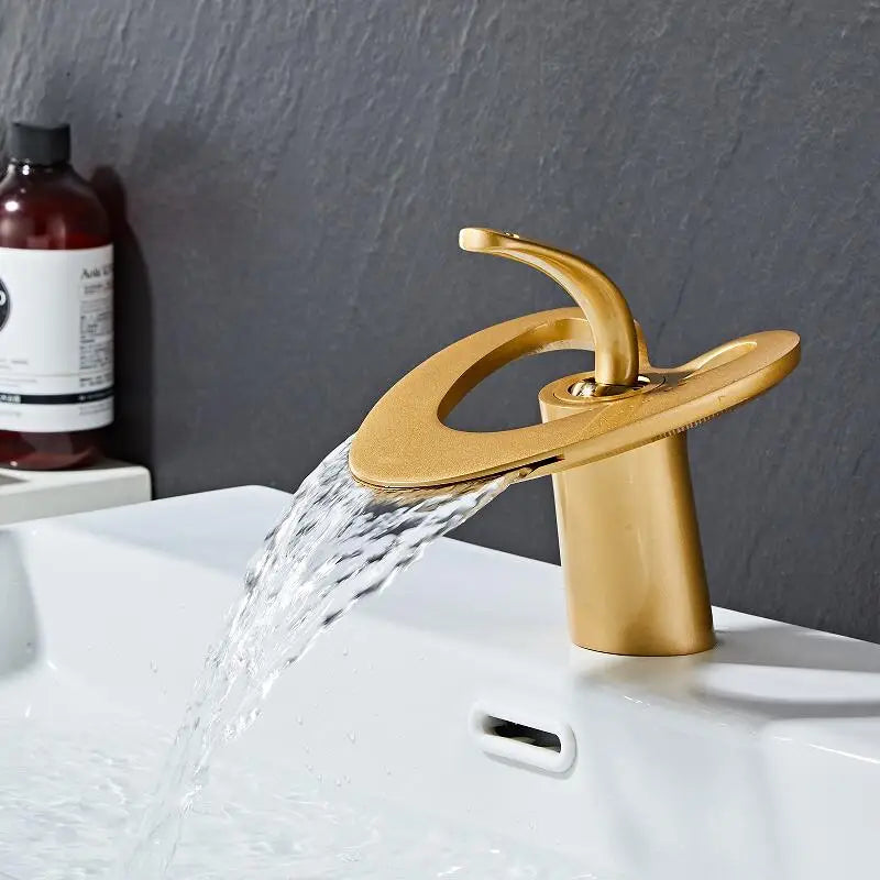 DecorBites™ Golden/White & Black Waterfall Basin Faucet - Brass Sink Mixer Tap - Hot & Cold