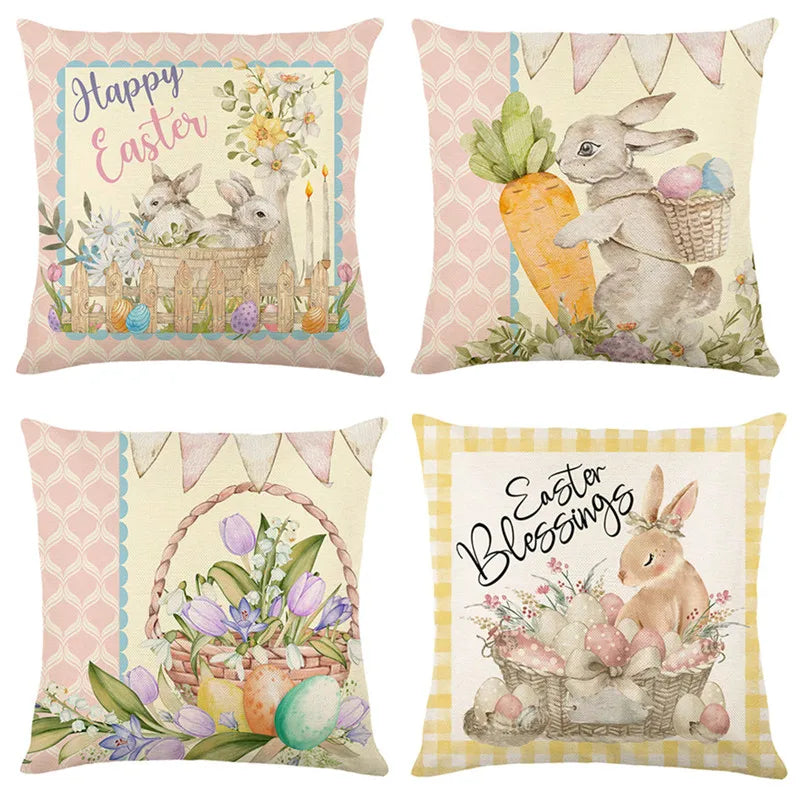 DecorBites™ Easter Bunny Rabbit Linen Cushion Cover 45x45cm - Flower Print Festival Pillowcase