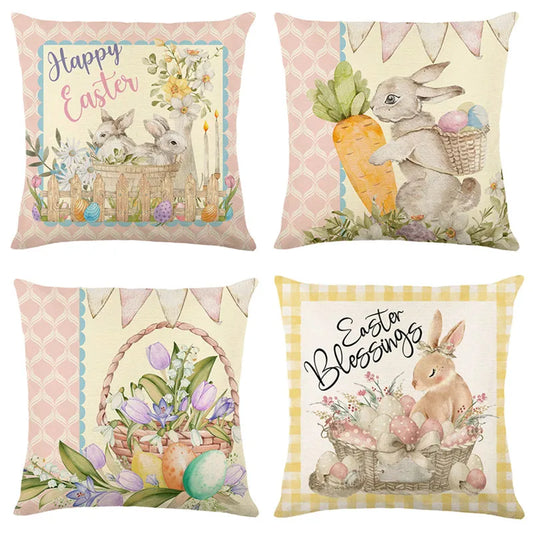 DecorBites™ Easter Bunny Rabbit Linen Cushion Cover 45x45cm - Flower Print Festival Pillowcase