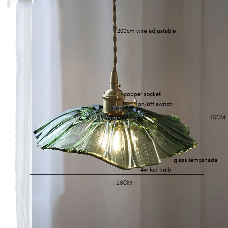 DecorBites™ Green Glass LED Pendant Lamp with Copper Wood Handle for Modern Nordic Home Decor