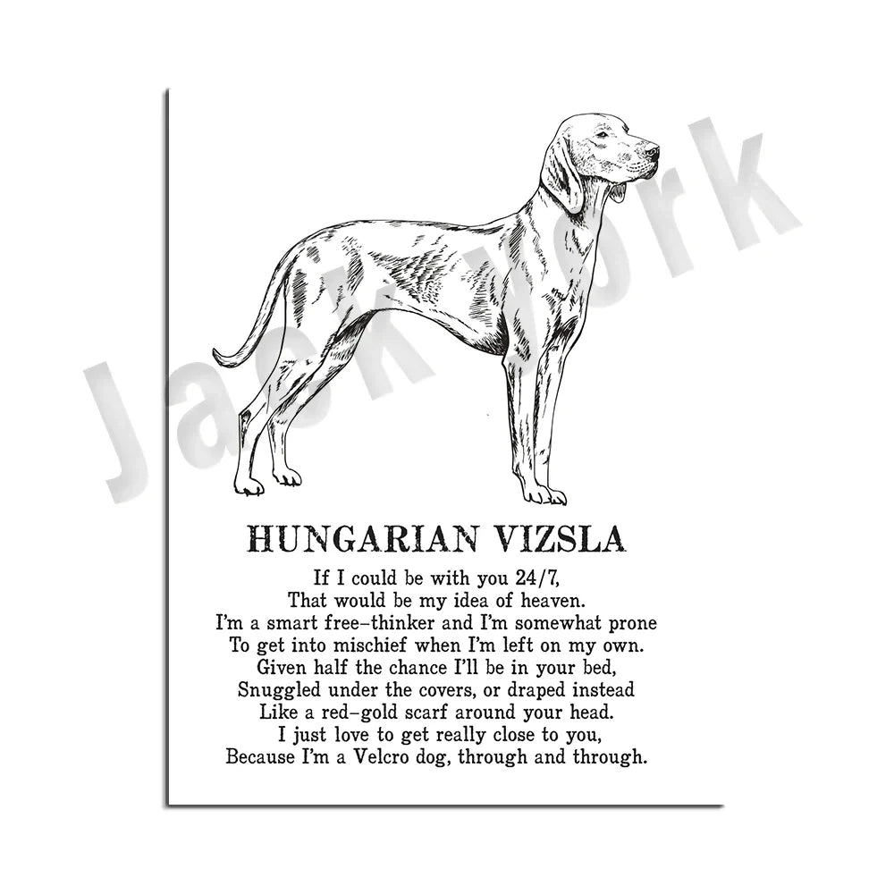 DecorBites™ Dog Breed Poetry Poster Collection: Vizsla, Pomeranian, Manchester Terrier, and More