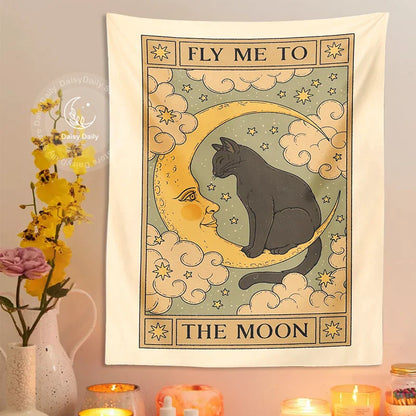 Decobites Moon Cat Tapestry Wall Hanging - Psychedelic Star Aesthetic Home Room Decor