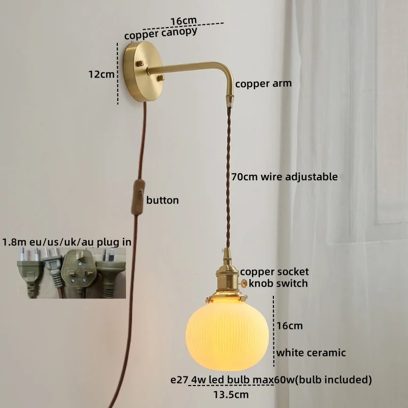 Lámpara de pared LED DecorBites™ de cerámica y cobre con interruptor de cadena para interiores de estilo moderno