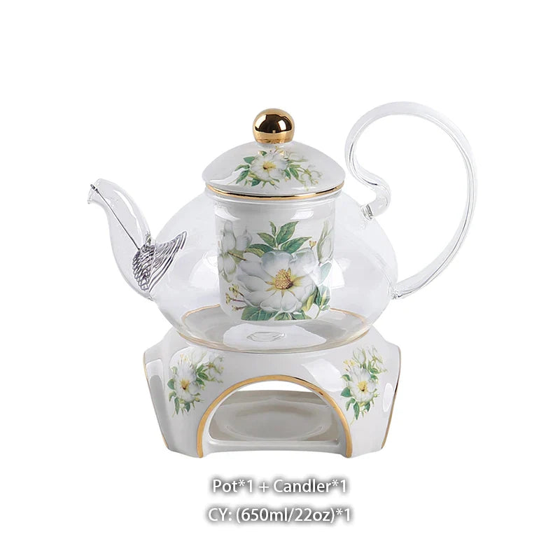 DecorBites™ Camellia Floral Tea Set Bone China Glass Teapot & Ceramic Teacup Pot Strainer