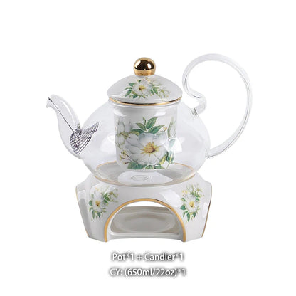 DecorBites™ Camellia Floral Tea Set Bone China Glass Teapot & Ceramic Teacup Pot Strainer