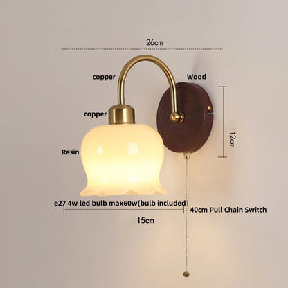 DecorBites™ LED Wall Light Glass Fixture Pull Chain Switch Wood Bedside Sconce
