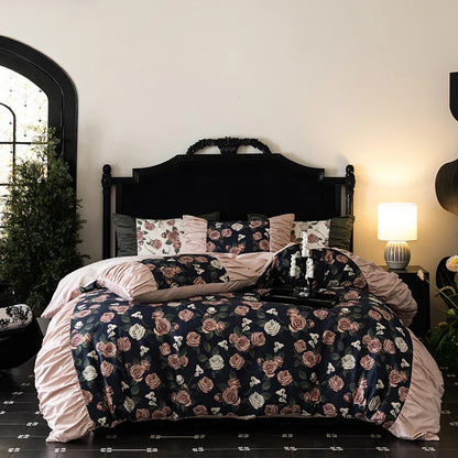 Decobites Vintage Rose Print Ruffles Bedding Set: 800TC Egyptian Cotton, Duvet Cover, Sheet, Pillowcases