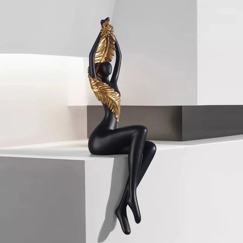 DecorBites™ Large Nude Feathered Body Sculpture | Modern Abstract Sitting Figurine Statues