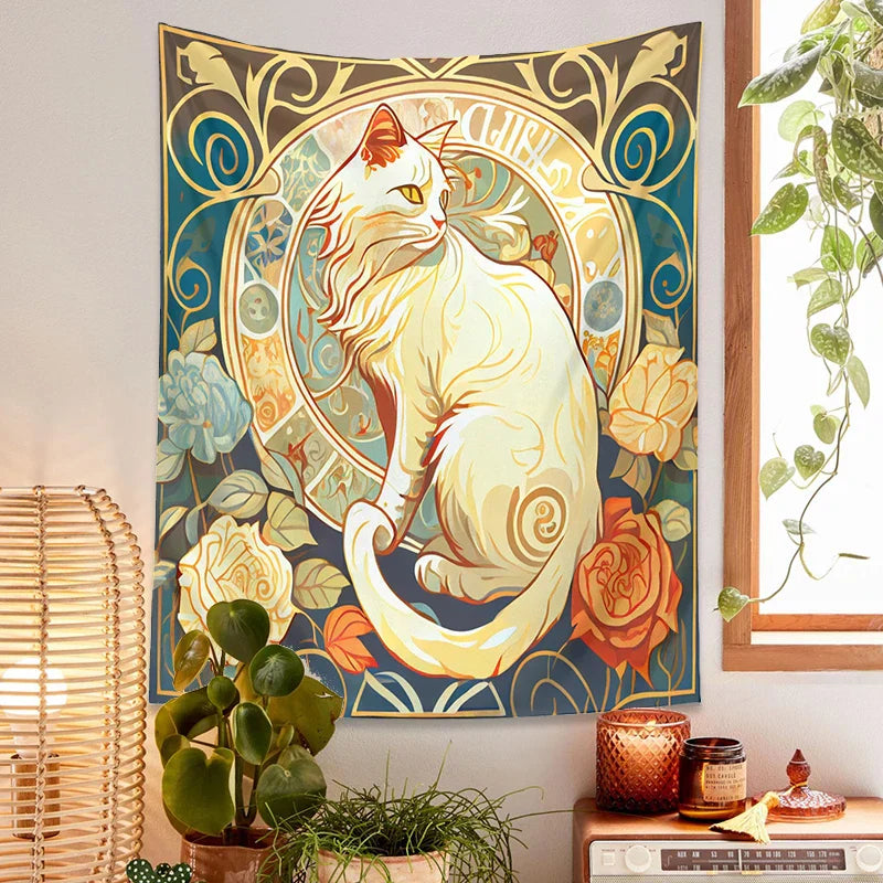 Decobites Black Cat Tapestry Wall Hanging - Psychedelic Floral Art for Cat Lovers