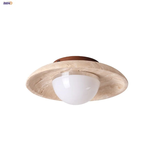 DecorBites™ Acrylic LED Ceiling Lamp Yellow Travertine Wood Canopy Wabi Sabi Style