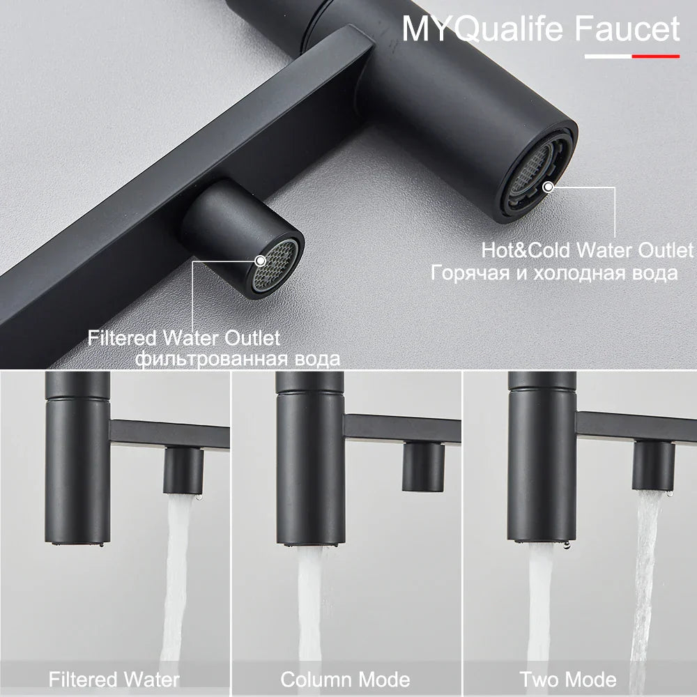 Grifo de cocina filtrado negro Decorbites™ de latón con doble manija para agua pura mezcladora