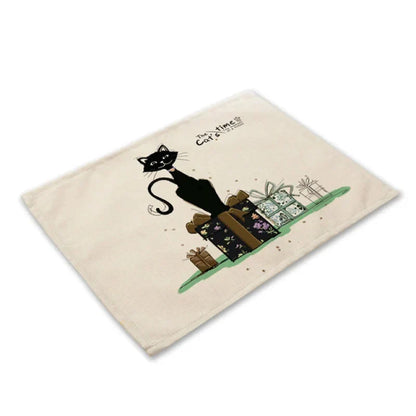 DecorBites™ Black Cat Linen Placemat Set for Dining Table & Kitchen Decor