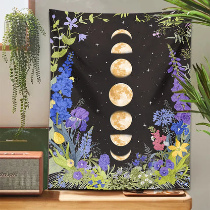 Decobites Moon Phase Purple Plant Star Floral Wall Tapestry