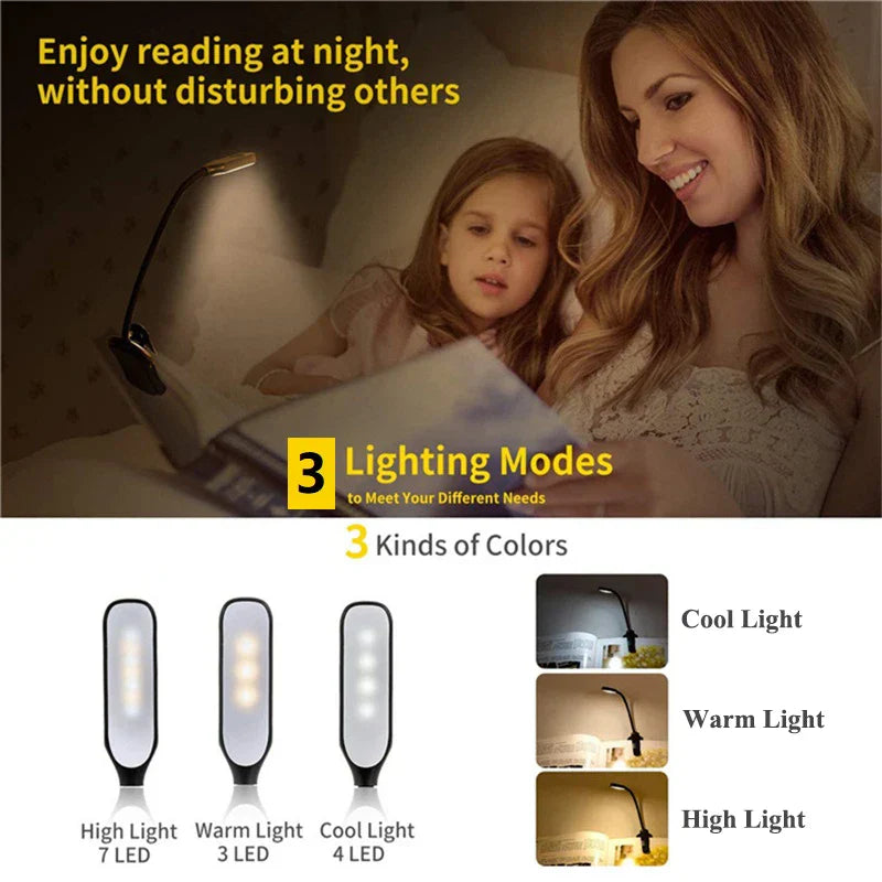 DecorBites™ 7 LED Book Light: مصباح قراءة قابل لإعادة الشحن مزود بمشبك إضاءة أبيض بثلاثة مستويات