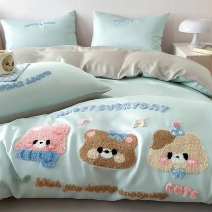 DecorBites™ Cartoon Embroidery Cotton Bedding Set - Summer Cool, Skin Friendly Flat Sheet Kit