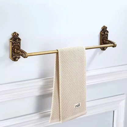 DecorBites™ Bronze Carved Bath Accessories Set: Shelf, Towel Rack, Paper Holder, Toilet Brush Holder