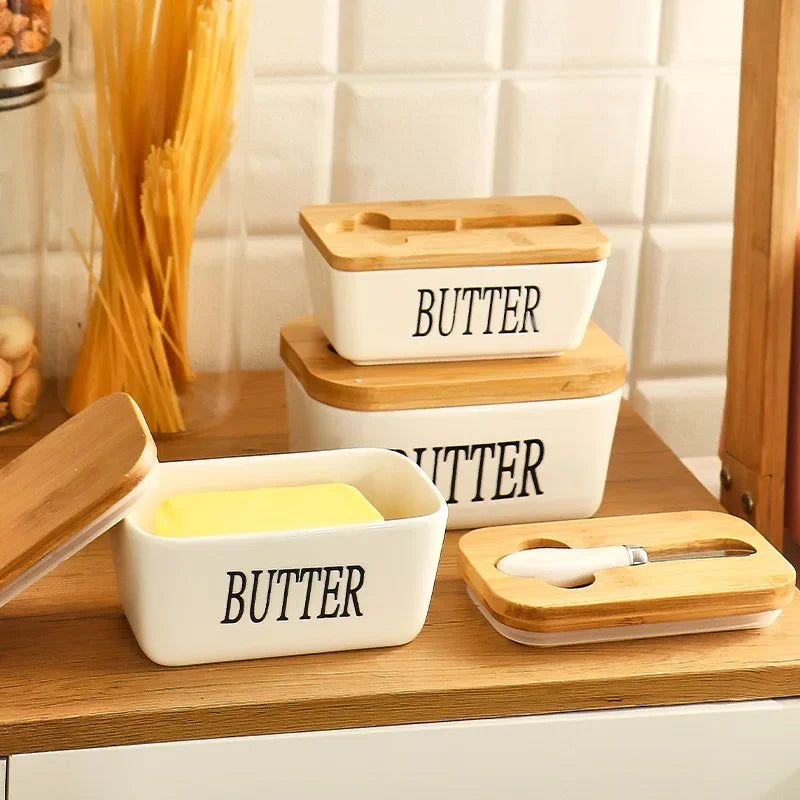 Butter Container Ceramic Box Restaurant Sealed Storage Box Cheese Boxwith Knife Butter Slicer Butter Dish Tableware