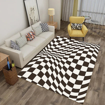 Decobites Checkered Vertigo Carpets: 3D Stereoscopic Living Room Rugs in Crystal Velvet